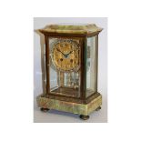 A GOOD 19TH CENTURY FRENCH GREEN ONYX AND CHAMPLEVE ENAMEL FOUR GLASS CLOCK, retailed by H. L. BROWN