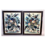 A PAIR OF 19TH CENTURY FRAMED AND GLAZED PAINTINGS ON GLASS, cornucopia birds and flowers. 21ins x