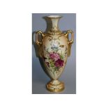 A ROYAL WORCESTER LARGE BLUSH IVORY TWO HANDLED VASE decorated in the style of Edward Raby with