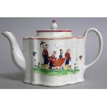 A NEW HALL RARE EARLY COMMODE SHAPED TEAPOT AND COVER painted with Oriental figures, pattern 157.