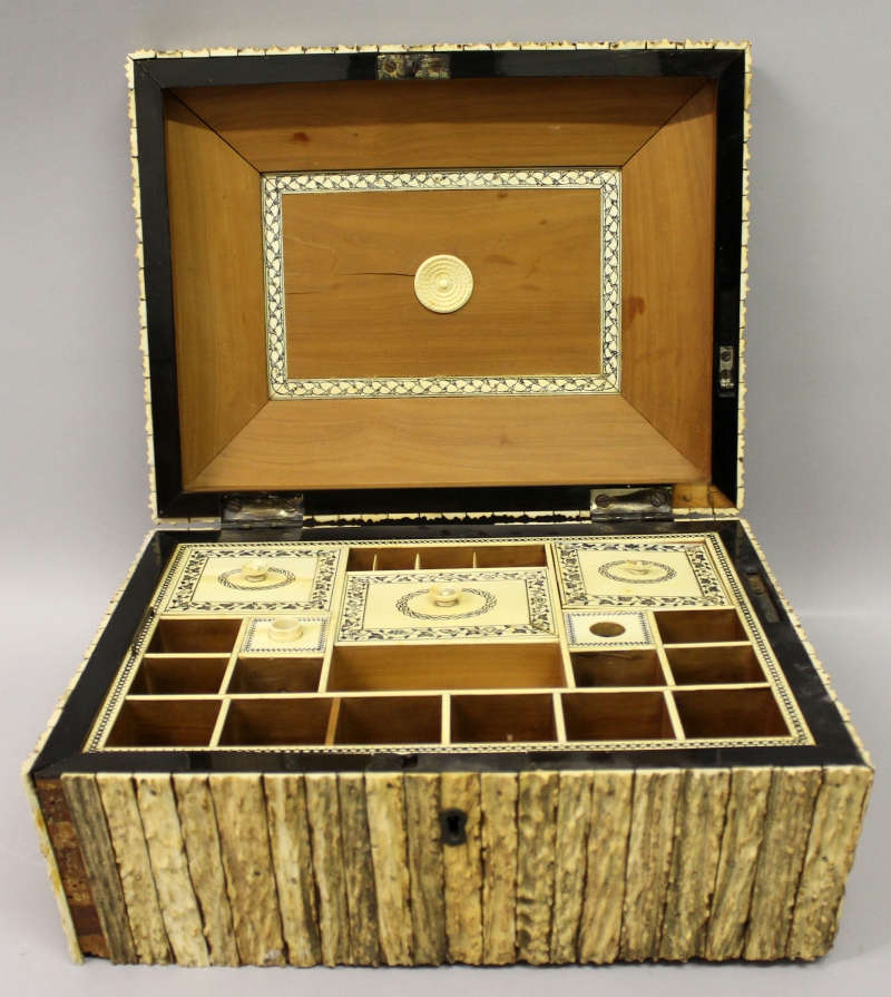 A GOOD EARLY 19TH CENTURY ANGLO-INDIAN VIZAGAPATAM STAG ANTLER ONLAID WORK BOX, the interior - Image 5 of 9