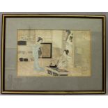 A FRAMED JAPANESE PRINT OF TWO LADIES IN AN INTERIOR SETTING, circa 1900, the frame 18.5in x 14in.