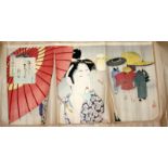 ANOTHER EARLY 20TH CENTURY JAPANESE WOODBLOCK TRIPTYCH, depicting a bijin holding a parasol, oban