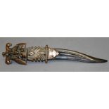 AN ELABORATE 19TH CENTURY INDIAN DAGGER, with curved steel blade and pierced copper handle, 9.5in
