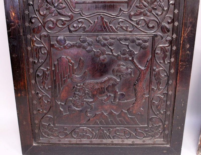 A LARGE PAIR OF 19TH CENTURY CHINESE CARVED HARDWOOD PANELS, each decorated with bronze-form - Image 3 of 6