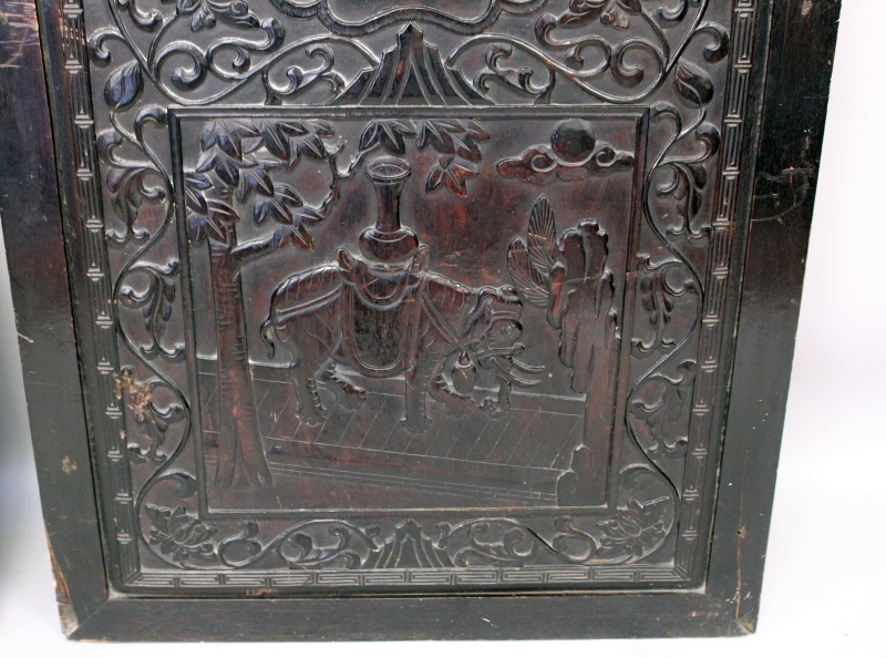 A LARGE PAIR OF 19TH CENTURY CHINESE CARVED HARDWOOD PANELS, each decorated with bronze-form - Image 5 of 6