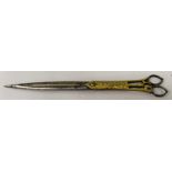A GOOD PAIR OF 19TH CENTURY PERSIAN QAJAR PERIOD GOLD DAMASCENED STEEL SCISSORS, the handles with