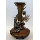 AN EARLY 20TH CENTURY JAPANESE BRONZE & SILVERED METAL DRAGON VASE, of hexagonal section, the