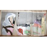 ANOTHER EARLY 20TH CENTURY JAPANESE WOODBLOCK TRIPTYCH, depicting four women wearing shawls, oban