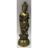 AN UNUSUAL 19TH/20TH CENTURY KOREAN BRONZE FIGURE OF A BODHISATTVA, standing on a circular double