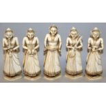 A GROUP OF FIVE 18TH/19TH CENTURY INDIAN IVORY FIGURES OF FEMALE MUSICIANS, standing and holding