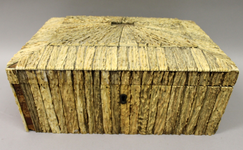 A GOOD EARLY 19TH CENTURY ANGLO-INDIAN VIZAGAPATAM STAG ANTLER ONLAID WORK BOX, the interior