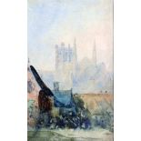 19th - 20th Century English School. A Town Scene, with a Church in the distance, Watercolour, 8.5" x