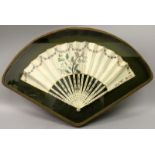 A GOOD QUALITY 19TH CENTURY CHINESE PAINTED PAPER FAN, mounted in a glass fronted display case, with