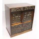 A LATE 19TH CENTURY JAPANESE MENUKI ONLAID WOOD CABINET, with sliding panels and five drawers, the