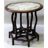 AN UNUSUAL EARLY 20TH CENTURY CHINESE GREY MARBLE TOP & CARVED HARDWOOD SECTIONAL TABLE, of three