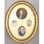 A GROUP OF FOUR OVAL GEORGIAN MINIATURES, three gentlemen and a lady in a gilt frame.