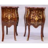 A PAIR OF LOUIS XVI STYLE KINGWOOD PETITE COMMODES, of bombe form, with marquetry inlay and ormolu