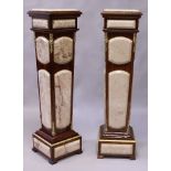 A PAIR OF LOUIS XVI STYLE KINGWOOD, MARBLE AND ORMOLU PEDESTAL STANDS, of tapering square form on