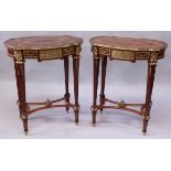A PAIR OF LINKE STYLE KINGWOOD, MARQUETRY AND ORMOLU TABLES, of oval outline, the inlaid tops