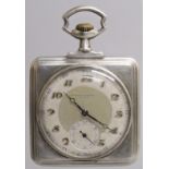 A RECORD WATCH CO., GENEVA .800 SILVER SQUARE POCKET WATCH, the reverse with a steam ship.