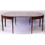 A GEORGE III MAHOGANY DINING TABLE, comprising a pair of 'D' shaped ends and a rectangular centre