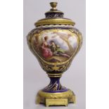 A GOOD 19TH CENTURY SEVRES ORMOLU MOUNTED POTPOURRI VASE AND COVER, rich blue ground edged in gilt