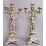 A LARGE PAIR OF "MEISSEN" STYLE THREE LIGHT PORCELAIN CANDELABRA, supported by female figures and