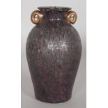 A GOOD LOETZ SPECKLED BLUE ROMAN SHAPED GLASS VASE with reddish handle. 6ins high.