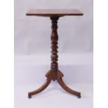 A 19TH CENTURY MAHOGANY TRIPOD TABLE, the rectangular top supported on a turned column and three