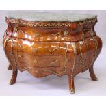 A LOUIS XVI STYLE MARBLE TOP WALNUT COMMODE, of bombe form, with ormolu mounts, the three long