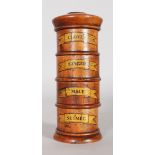 A TREEN FOUR DIVISION SPICE TOWER with labels, CLOVES, GINGER, MACE and NUTMEG. 8ins high.