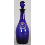 A BRISTOL BLUE DECANTER AND STOPPER.