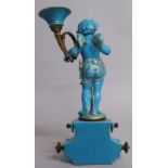 A GOOD 19TH CENTURY SEVRES LIGHT BLUE CUPID CANDLE STAND, as a winged cupid holding an ormolu and