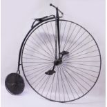 A BLACK PAINTED VICTORIAN PENNY FARTHING CYCLE, with 51-inch large wheel and 16-inch small wheel,