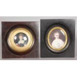 TWO VICTORIAN FRAMED MINIATURES of LADIES.