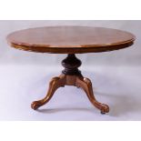 A 19TH CENTURY MAHOGANY CIRCULAR BREAKFAST TABLE, with a tilt top, on a turned column support with