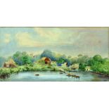 19th Century Colonial School. A River Landscape, with Figures in Boats, and Buildings Beyond,