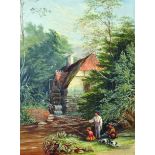 19th Century English School. Children Fishing by a Mill, Watercolour, Unframed, 19.5" x 14.5", and