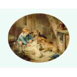 Circle of David Gourlay Steell (1819-1894) British. A Boy Feeding Dogs in a Barn Interior,