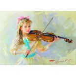 Konstantin Razumov (1974- ) Russian. A Young Girl Playing a Violin, Oil on Canvas, Signed, and