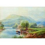 19th Century English School. A Mountainous River Landscape, with Cattle in the foreground,