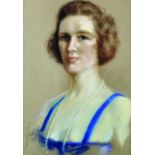 20th Century German School. Bust Portrait of a Lady, Dressed in Blue, with a Pearl Necklace, Pastel,