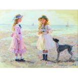 Konstantin Razumov (1974- ) Russian. Two Young Girls on a Beach, with a Dog, Oil on Canvas,