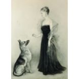 20th Century Continental School. Study of an Elegant Lady, with a German Shepherd, Chalk and Pencil,