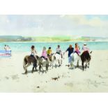 John Yardley (1933- ) British. "Donkey Posse'", Children with Donkey's on a Beach, Watercolour,