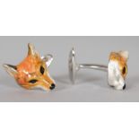 A PAIR OF STERLING SILVER AND ENAMEL FOXES' HEAD CUFFLINKS.