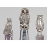 THREE SILVER NOVELTY OWL BOOK MARKERS.