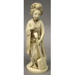 A GOOD QUALITY SIGNED JAPANESE MEIJI PERIOD IVORY OKIMONO OF A STANDING BIJIN, holding a samisen