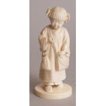 A FINE QUALITY SIGNED JAPANESE MEIJI PERIOD IVORY OKIMONO OF A SCHOOL GIRL, with a bag slung